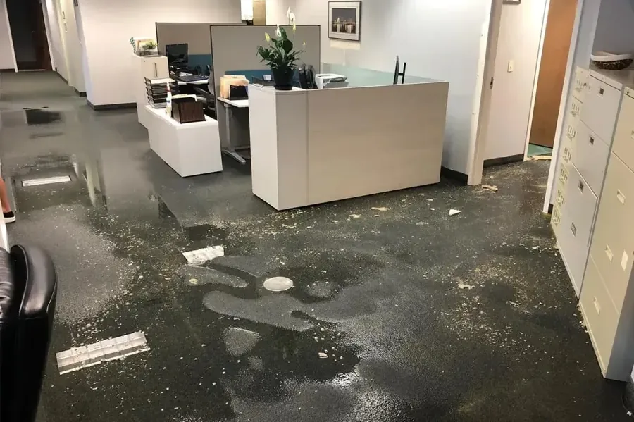 Standing water covers the floor around office desks and chairs